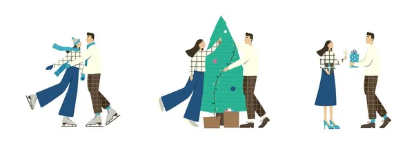 Set Three Illustrations Couple Love Holidays Guy Girl Ice Skating — Stock Vector