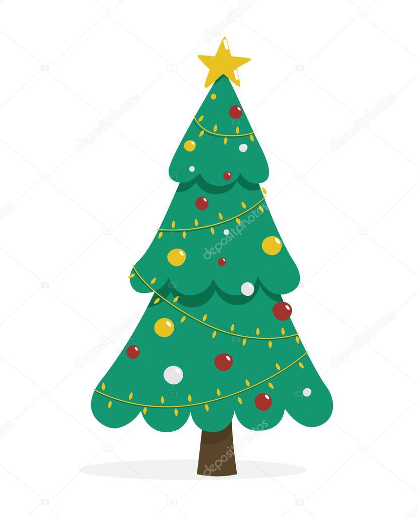 Christmas tree vector illustration in flat style. Festive fir tree decorated with toys and luminous garlands. Subject illustration for web design and print