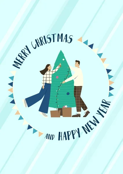 Рождественская открытка пара украшает елку игрушками и гирляндами. Векторная иллюстрация в стиле ретро — стоковый вектор