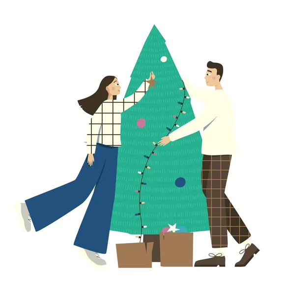 Een jongen en een meisje verkleden een kerstboom met speelgoed en bloemenslingers. Vector illustratie in platte stijl — Stockvector