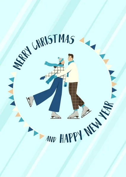 Рождественская открытка влюбленной пары на катке зимой. Векторная иллюстрация в стиле ретро. — стоковый вектор