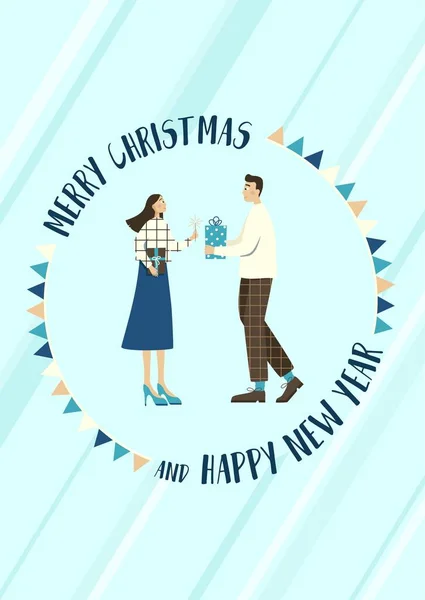 Рождественская открытка пара влюбленных обменивается подарками на праздник. Векторная иллюстрация в стиле ретро — стоковый вектор