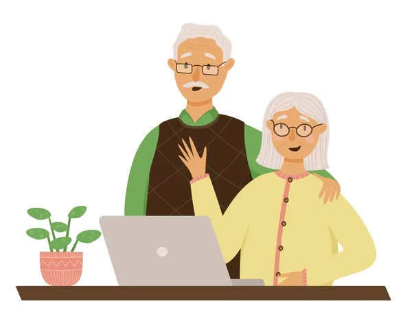 Happy Grandparents Has Video Call Modern Technologies Seniors Vector Illustration — Stock Vector