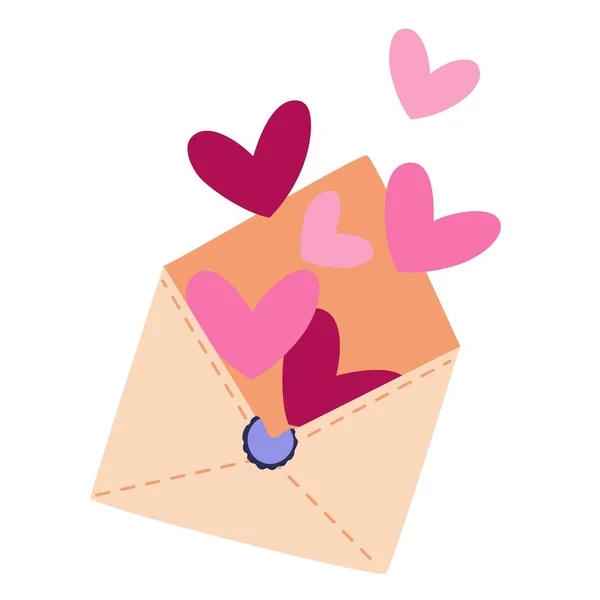 Sebuah pesan romantis dalam amplop untuk Hari Valentine. Vektor ilustrasi dengan gaya datar. Surat cinta dengan hati - Stok Vektor