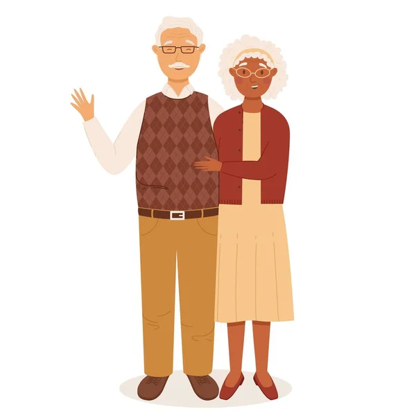 Felice coppia anziana di donne dalla pelle nera e uomini dalla pelle bianca. Illustrazione vettoriale piatta colorata su sfondo bianco — Vettoriale Stock