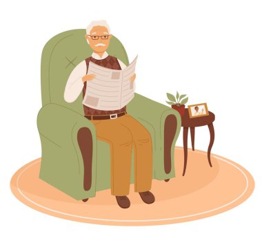 Sandalyede gazete okuyan mutlu yaşlı adam. Ev ortamında mutlu bir son sınıf öğrencisi. Renkli düz vektör çizimi