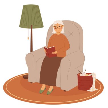 Sandalyede kitap okuyan son sınıf beyaz kadın kutlu olsun. Rahat bir ev ortamında modern yaşlı kadınlar. Beyaz arkaplanda renkli düz vektör çizimi