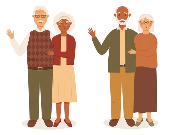 快乐的一对跨国的现代老年夫妇站在一起笑着 非洲高级妇女和白人男子 非洲高级男子和白人妇女 现代的养老金 时髦的外观 白色上孤立的彩色平面卡通矢量图 — 图库矢量图片