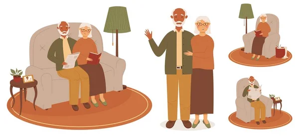 Счастливая Современная Пара Темнокожих Мужчин Белокожих Женщин Старики Читают Счастливы — стоковый вектор