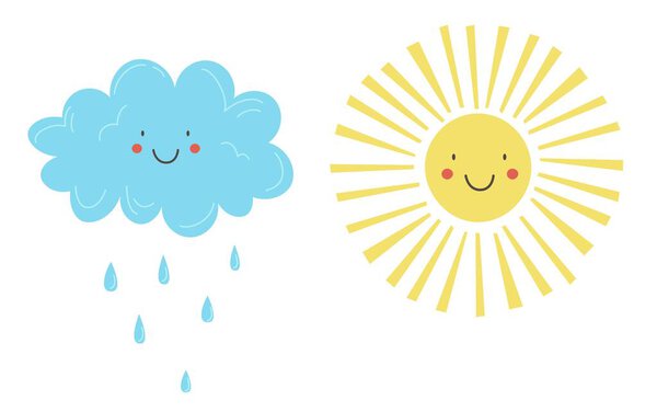 Positive sun and cloud vector illustration in flat style. Sticker sun and cloud emoticon. Weather icon isolated on white background