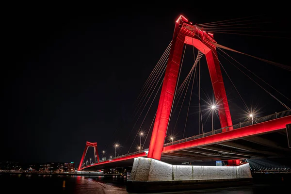 Pont Willems Rotterdam Tourné Nuit Quand Illuminé — Photo