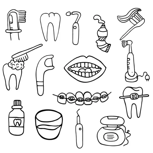Set Dental Instruments Cleaning Teeth Dental Hygiene Prevention Hand Drawn — Stock Vector