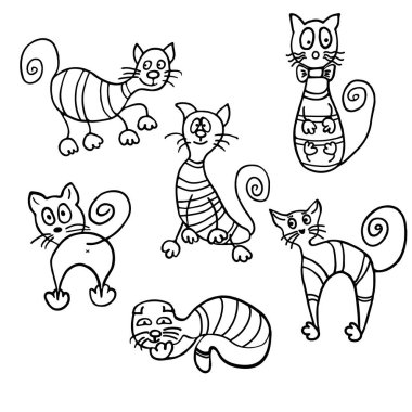 Karalama sanatı tarzında bir grup kedi. Kağıtlar, posterler, çıkartmalar ve şirin çocuksu tasarımlar için el çizimi vektör çizimi.