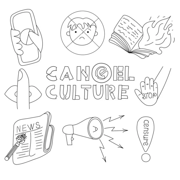 Cancela la cultura. Set de Doodle dibujado a mano. Ilustración vectorial en blanco y negro — Archivo Imágenes Vectoriales