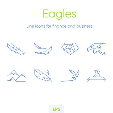 Eagles, Hawks, Falcons ikonu büyük set. Hayvan temalı çizgi simgeleri. Monolin vektöründe minimalist stil. Soyut Siluet Şahin Kartal Logo Vektör Şablonu.