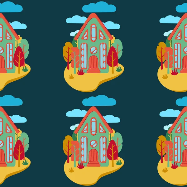 Patrón Casas Estilo Art Nouveau Plana Multicolor Casa Con Ventanas — Vector de stock