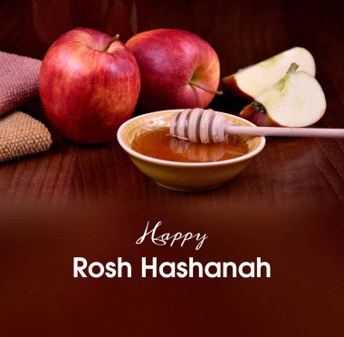 Elma ve bal aromalı mutlu Rosh Hashanah posterleri. Masanın üzerinde kırmızı elmalı bir kase bal var. Yahudi Yeni Yıl Rosh Hashanah tebrik kartı. Önemli bir gün.