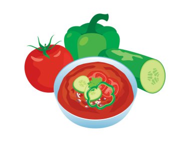 Kase ikon vektöründe gazpacho sebze çorbası. Beyaz arka planda domatesli, biberli ve salatalık ikonlu leziz bir çorba. İspanyol sağlıklı gıda vektörü