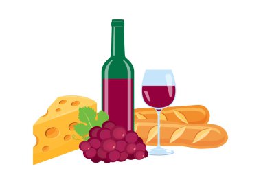 Kırmızı şarap, peynir, baget, natürmort yaşam ikonu. Kırmızı üzümler, bir şişe şarap ve beyaz arka planda izole edilmiş baget ikonu.