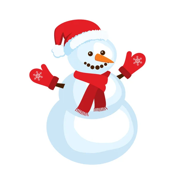 可爱的雪人与红色围巾 手套和圣塔帽子图标矢量 快乐雪人与胡萝卜矢量插图 穿着温暖的雪人图标被白色的背景隔开 — 图库矢量图片