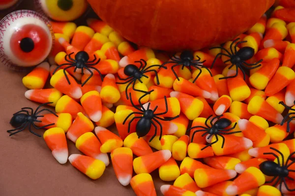 Halloween sweet candy corn with spiders toys close-up stock images. Spooky halloween decoration with candy and spiders detail stock photo