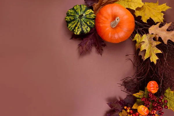 Autumn decoration on a brown background frame stock images. Autumn decoration with pumpkins images. Autumn season border stock images. Natural fall harvest background with copy space for text