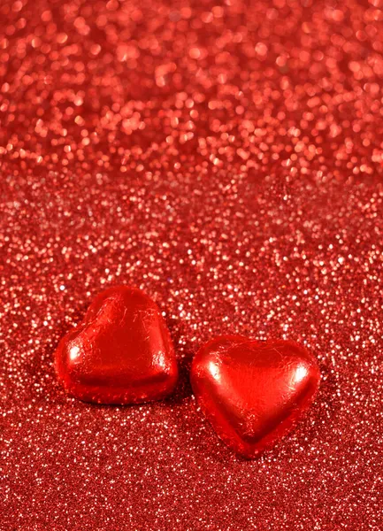 Two Chocolate Hearts Shiny Bokeh Red Background Stock Images Romantic — Stock Photo, Image