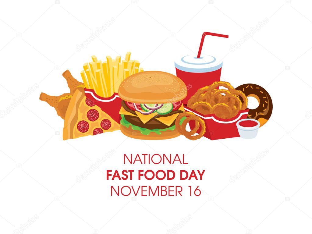 National Fast Food Day poster with pile of junk food vector. Group of fried and sweet food icon isolated on a white background. Fast Food Day Poster, November 16. Important day
