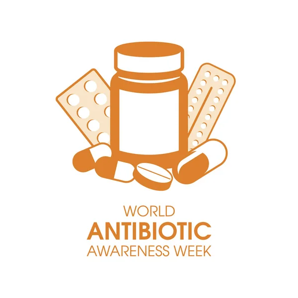 World Antibiotic Awareness Week Vector Inglés Botella Medicina Pastillas Cápsulas — Archivo Imágenes Vectoriales