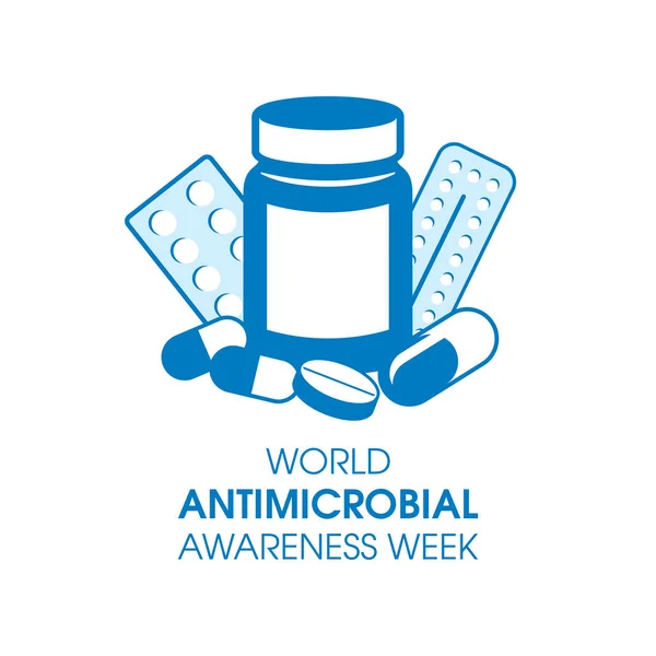 World Antimicrobial Awareness Week Vector Inglés Botella Medicina Pastillas Cápsulas — Archivo Imágenes Vectoriales