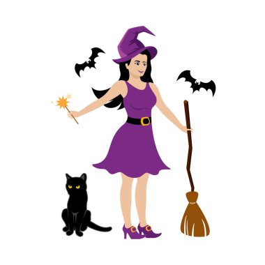 Kara kedisi ve süpürge vektörü olan güzel bir cadılar bayramı cadısı. Mor elbise vektörlü güzel kadın cadı. Sihirli Cadılar Bayramı malzeme simgesi beyaz bir arkaplanda izole