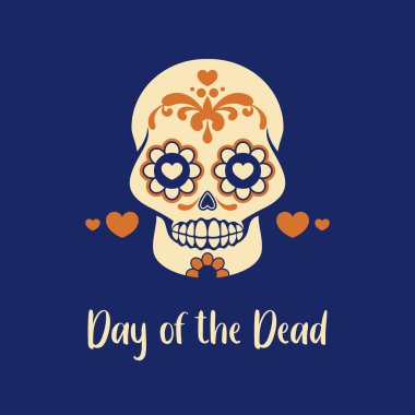 Dekoratif şeker kafatası vektörlü Ölü Poster Günü. Çiçekli ve kalp şeklindeki süs vektörlü Meksika dekoratif şeker kafatası. Meksika tatili. Önemli bir gün.