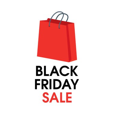 Kırmızı alışveriş poşeti vektörlü Kara Cuma tabelası. Kırmızı alışveriş poşeti simgesi beyaz arka planda izole edilmiş. Kara Cuma satış yazıt tasarım şablonu