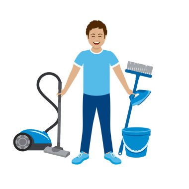 Ev işi ikon vektörü yapan mutlu genç adam. Ev aletleri taşıyıcısı olan neşeli bir adam. Elektrik süpürgesi ve demir ikonu olan adam beyaz arka planda izole edilmiş.