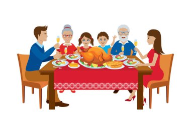 Kızarmış hindi ikonu vektörüyle Şükran Günü yemeğiniz kutlu olsun. Şükran Günü ve Noel yemeğinde şampanyayla aile tostu. Beyaz arka planda izole edilmiş şenlikli aile yemeği ikonu