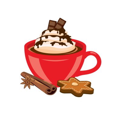Tarçınlı ve zencefilli kurabiye ikonu vektörlü bir fincan sıcak çikolata. Krem şantili bir fincan kakao. Beyaz arka planda izole edilmiş tatlı kış içeceği ikonu. Noel içeceği vektörü