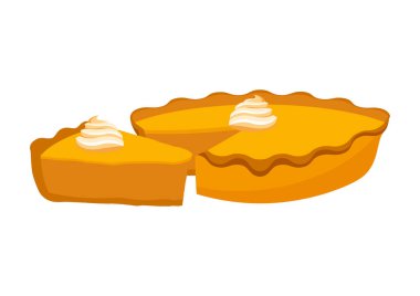 Krem şanti ikon vektörlü geleneksel balkabağı turtası. Beyaz arka planda izole edilmiş lezzetli balkabağı turtası ikonu. Pasta simgesi vektörünün dilimi