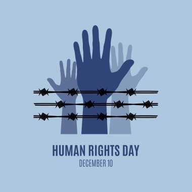 İnsan Hakları Günü posteri. Dikenli tel taşıyıcının arkasında insan eli var. Kaldırılmış eller siluet ikon vektörü. İnsan Hakları Günü afişi, 10 Aralık. Önemli bir gün.