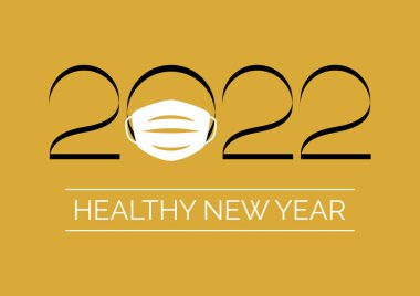 Koronavirüs tıbbi maskeli altın arka plan vektörlü sağlıklı yeni yıl 2022 yazıları. 2022 Sağlıklı Yeni Yıl tabelası. Altın bir arka plan vektöründe koruyucu yüz maskesi.