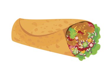 Et ve sebze ikonu vektörüyle doldurulmuş burrito. Beyaz arka planda izole edilmiş taze burrito ikonu. Geleneksel Meksika yemek vektörü