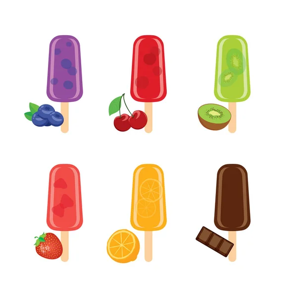具有水果图标集向量的圆点 水果和巧克力冰棒图标在白色背景下被隔离 不同类型的冰棍病媒 — 图库矢量图片