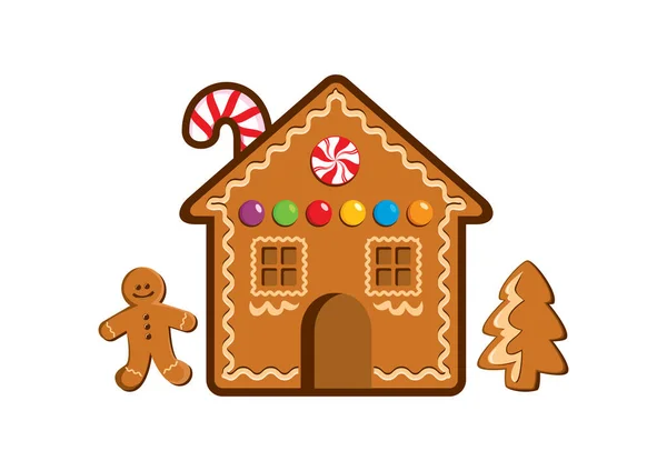 Gingerbread House Com Homem Gengibre Vetor Ícones Árvore Natal Biscoitos —  Vetores de Stock