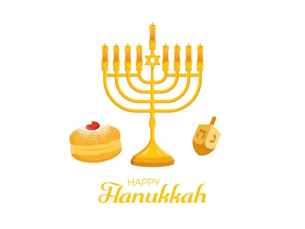 Happy Hanukkah Sign Con Menorá Oro Donut Vector Icono Dreidel — Vector de stock