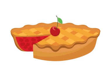 Klasik vişneli turta ikonu vektörü. Vişne ikonu vektörlü klasik Amerikan pastası. Beyaz arkaplanda izole edilmiş tatlı pasta simgesi