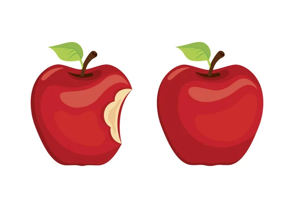 Hela Äpplet Och Biten Röd Äppelfrukt Ikon Vektor Röda Äpplen — Stock vektor