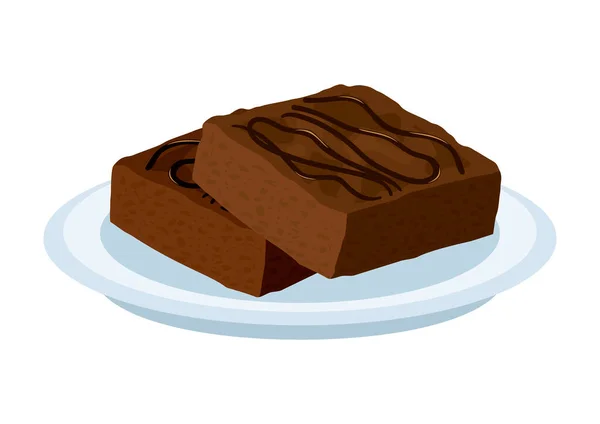 プレートアイコンベクトル上のチョコレートブラウニー ホワイトを基調にした甘いチョコレートペストリーアイコン チョコレートブラウニーケーキ2個ベクトル — ストックベクタ
