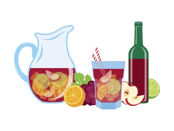 桑德拉喝带有水果图标的红酒 带有Sangria图标集的罐子 在白色背景上隔离 传统的西班牙饮料桑格利亚静坐生命载体 — 图库矢量图片