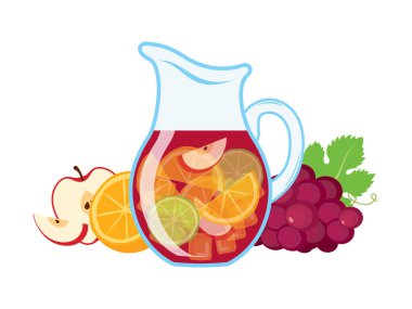 Cam sürahide sangria ve meyve ikonu seti vektörü. Geleneksel İspanyol içkisi sangria natürmort. Sangria sürahi kırmızı şarap ve beyaz arka planda izole edilmiş meyve ikonu