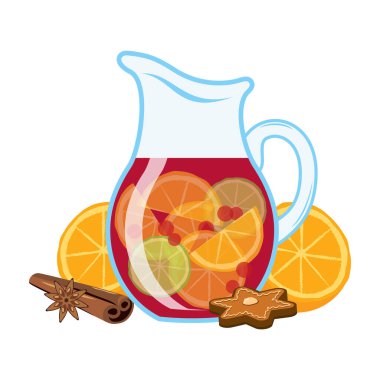 Bir sürahi ikon vektöründe Noel kırmızı yumruğu. Portakallı Noel pançı, meyve ve tarçınlı baharat vektörü. Beyaz arka planda izole edilmiş cam sürahi ikonunda nefis bir noel pançı.