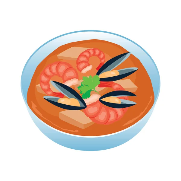 魚介類のアイコンベクトルとBouillabaisseスープ ムール貝 魚のアイコンベクトルとスープのボウル シーフードスパイシーなシチューアイコンベクトルは白い背景に隔離された — ストックベクタ